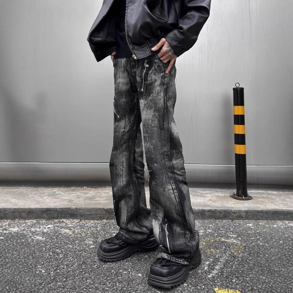 Washed tie-dye micro-pull jeans men's American vibe trendy brand retro ruffian handsome heavy industry niche zipper straight trousers