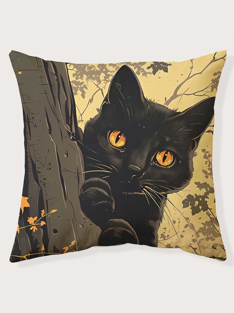 Black Cat Peeking From Tree Print Throw Pillow Cover, Cushion Case For Sofa Bedroom Living Room Couch Bed Office Chair Home Deco