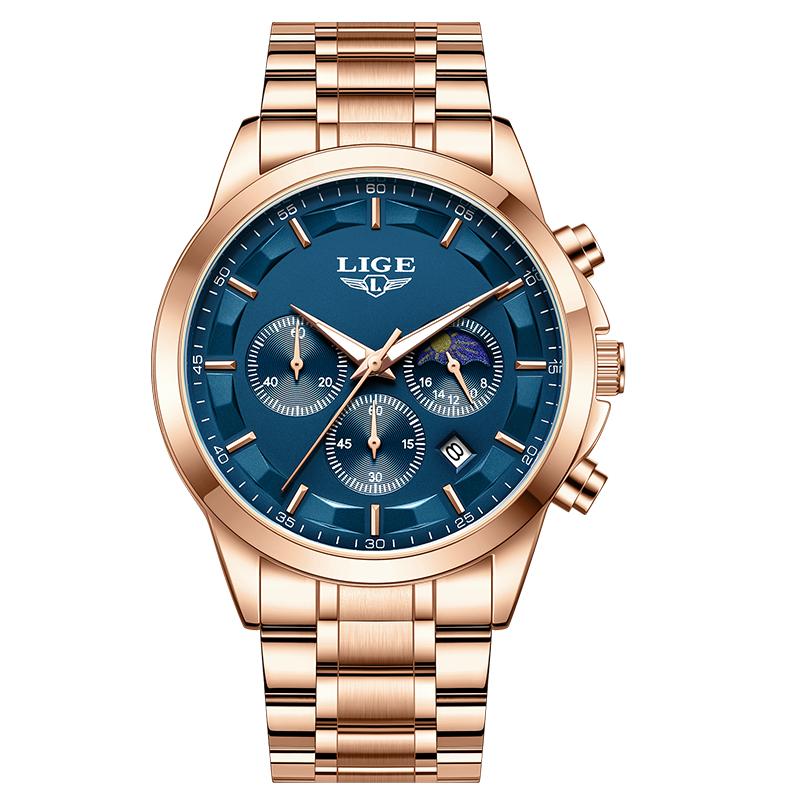 LIGE Business Watches Mens Top Brand Luxury Quartz Wristwatch 3Bar Waterproof Chronograph Luminous Watch for Gentleman Gift+Box