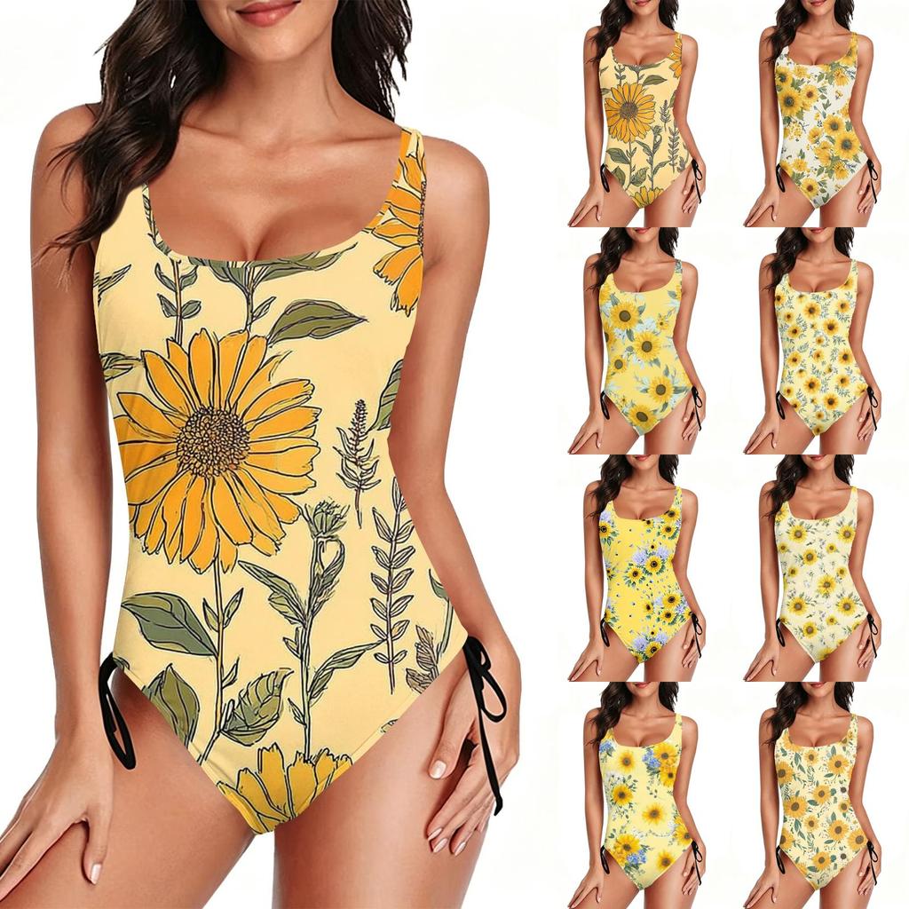 Womens Swimsuit Tummy Control Scoop Neck Floral Athletic Bathing Suit Side Tie Swimwear Leotard