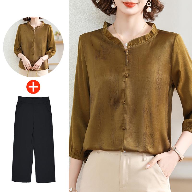 2025 New Spring/Autumn Fashion Set for Middle-Aged Women: Seven-Sleeve Chiffon Blouse