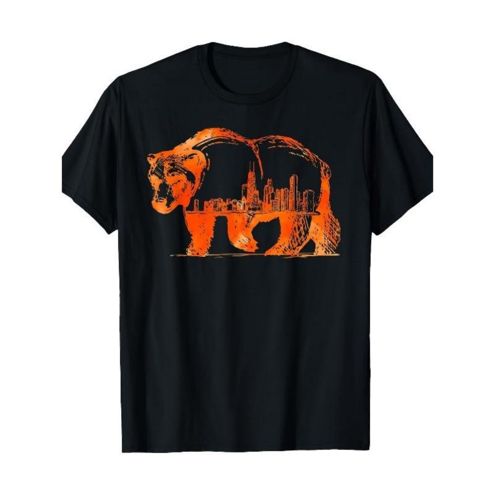 European Sizes Men S Chicago Skyline & Bear Silhouette Graphic T-Shirt - with Orange Cityscape Design S чёрный