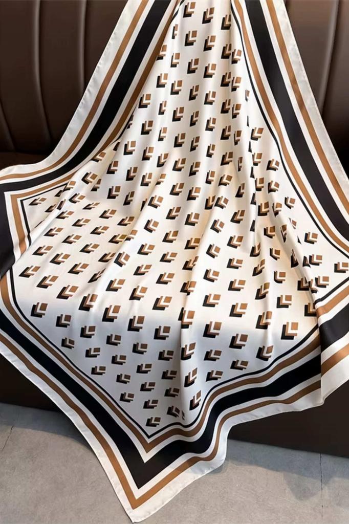 Cream Scarf 90x90 With Geometric Pattern - Chic And Modern Classic
