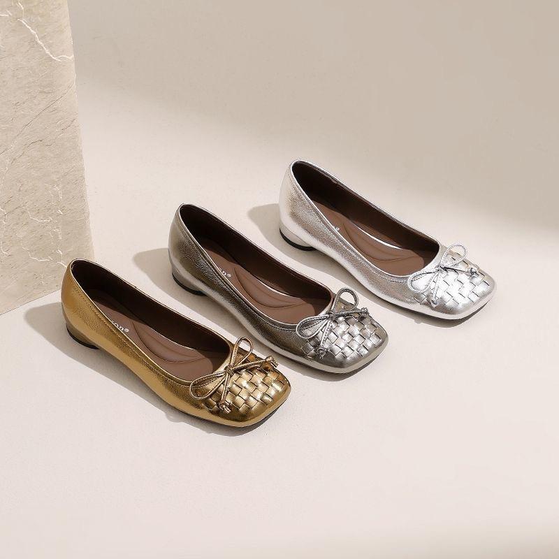 Woven Doudou Shoes Low-heeled Soft-soled Single Shoes Bow Women's Early Spring New Shallow-mouth Flat-soled Ballet Shoes