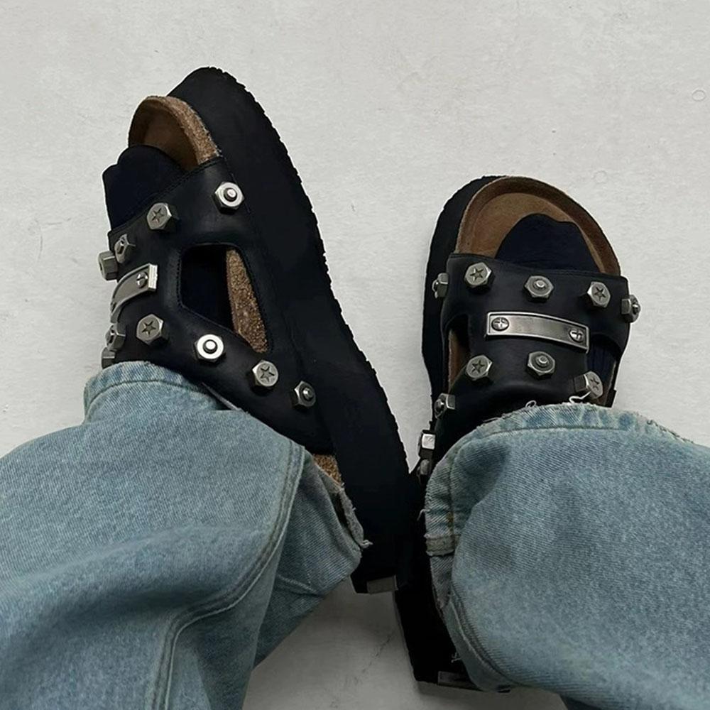 Punk Chunky Heels Mule Slipper Sandals For Women Rivet Platform Slide Sandals Open Toe Summer Street Motorcycle Sandals Shoes