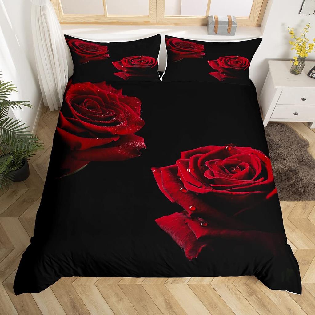 Red Rose Duvet Cover Set King Size for Girls Water Drops Bedding Set Romantic Rose Flowers 2/3pcs Comforter Cover for Couples