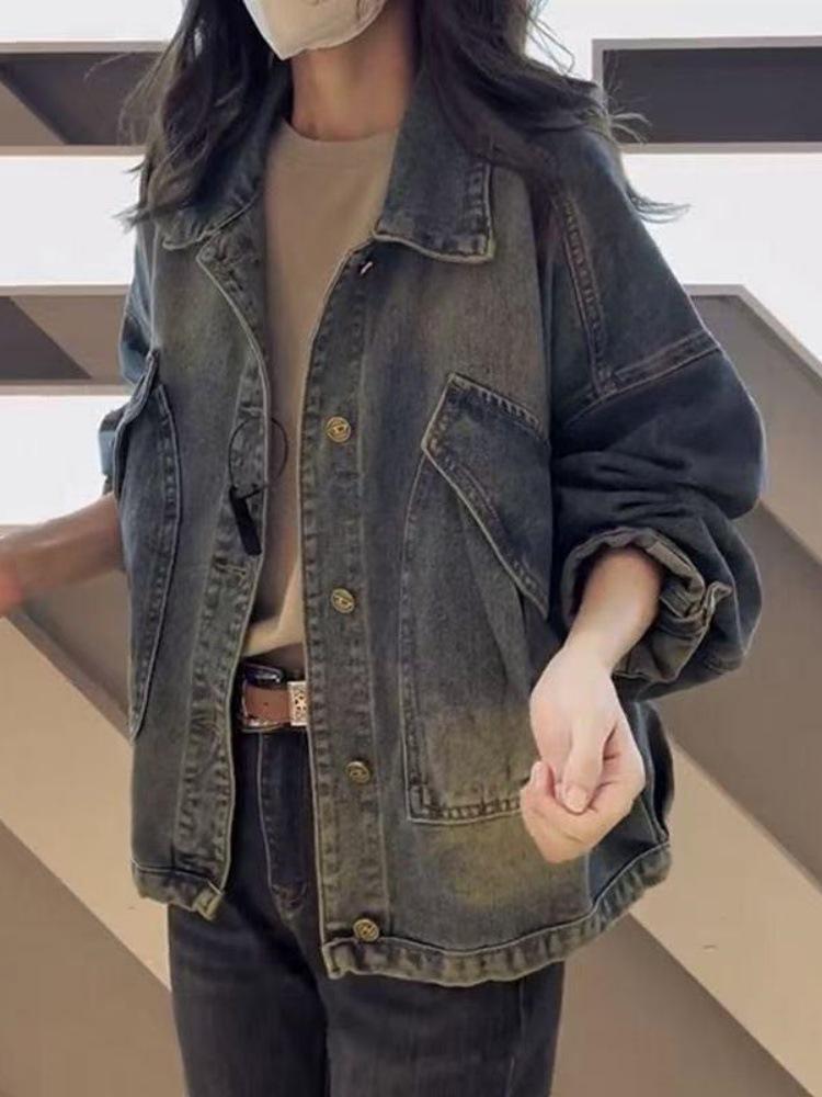American Retro Women's Plus Size Distressed Denim Jacket, 2025 Hot Style, Loose and Versatile Outerwear