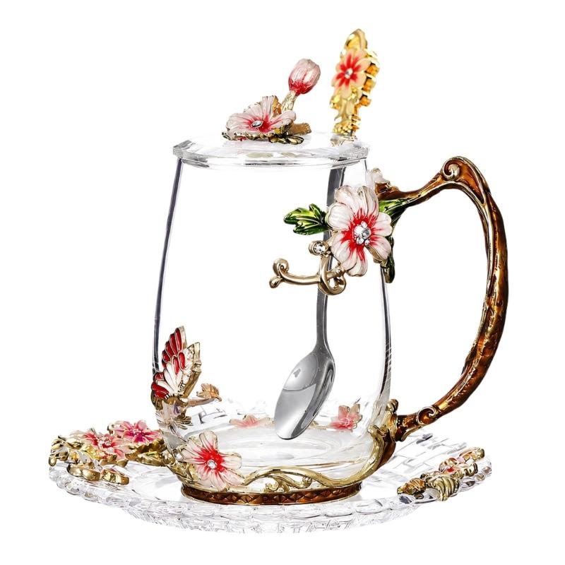 Clear Glass Tea Cup Set with Lid Spoon and Tray, Butterfly Cup Service for Breakfast Beverage and Household Use