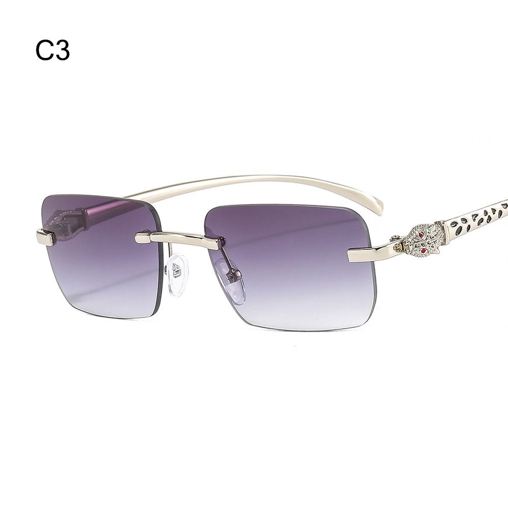 Rimless Leopard Head Decorated Sunglasses Gradient UV Protection Rectangular Sun Glasses Transparent Lens Shades for Women