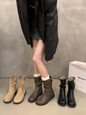 Retro Mittelstiefel mit dickem Absatz Ritterstiefel Damenschuhe 2025 neue Herbst- und Winter-Stiefeletten Martin-Stiefel
