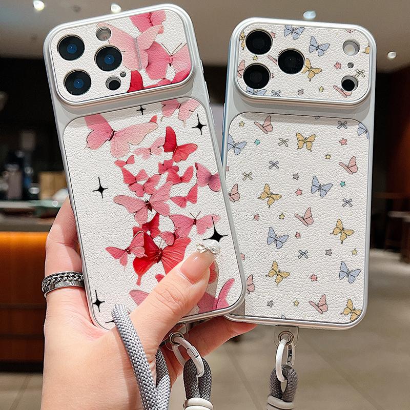 Pink Butterfly Leather Lanyard Case For iPhone 18 Pro Max 17 16 15 14 13 Pro Max Luxury Hybrid TPU+PU Anti-skid Soft Phone Cover