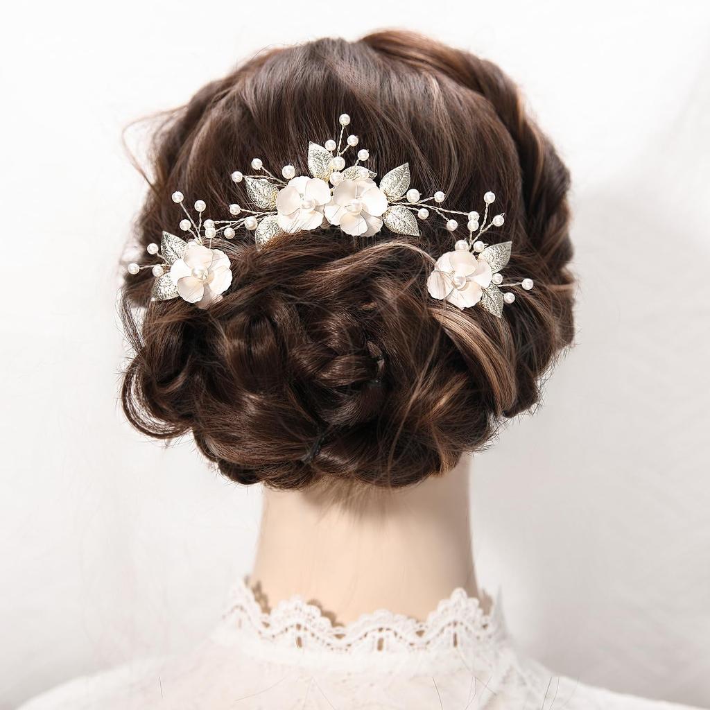 Famihot Hair Accessory Headpiece, Leaf and Seashell Flower Motif, Comb, Pearl Hairpin, 5-Piece Set, Hair Accessory for Weddings, Receptions,