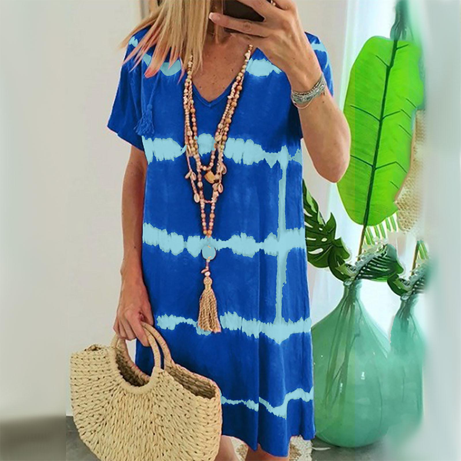 Women s Pullover V-Neck Fashion Tie Dyed Short Sleeve Knee Length Dress XXXXL синий