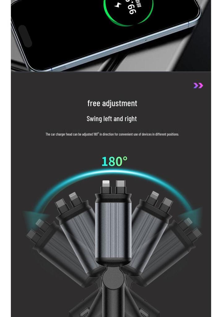 Retractable Four-in-One Car Charger with Starry Sky Light & Alloy Finish for Apple & Huawei
