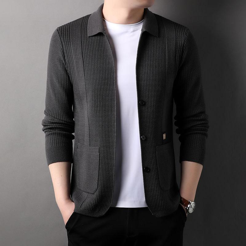 Autumn Winter Men Sweater Coat Lapel Solid Pockets Button Korean Fashion Casual Office Loose Long Sleeve Cardigan Knitted Tops