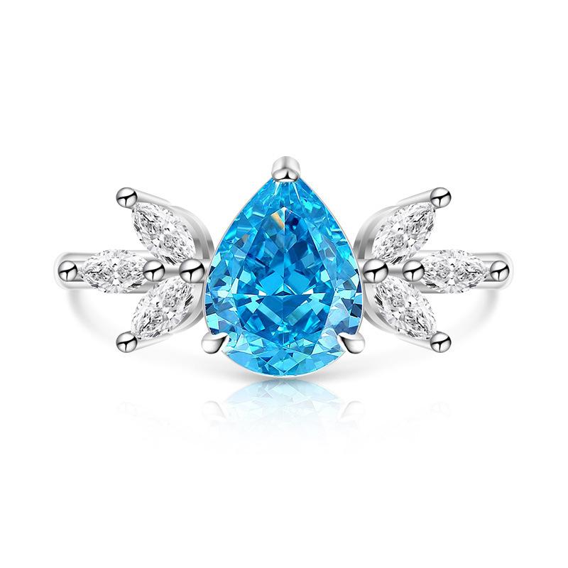 925 Sterling Silver Ice Flower Cut Pear Shape Color Gem Ring for Women Inlaid Brilliant High Carbon Diamond Band Daily Jewelry Gift