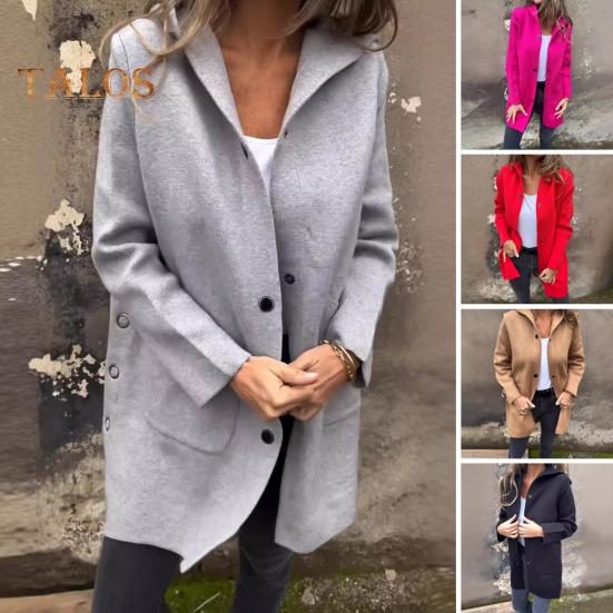 Damen Wolljacke mit Kapuze, einfarbig, einreihig, mittellang, Thermo-Langarm, Pendeln, Dating, Frühling, Herbst, Wintermantel