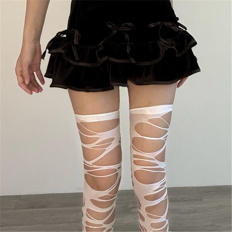 Damen Zerrissene Oberschenkelhohe Socken Netzstrümpfe Unregelmäßige Abgewetzte Überknie Socken für Party Clubwear