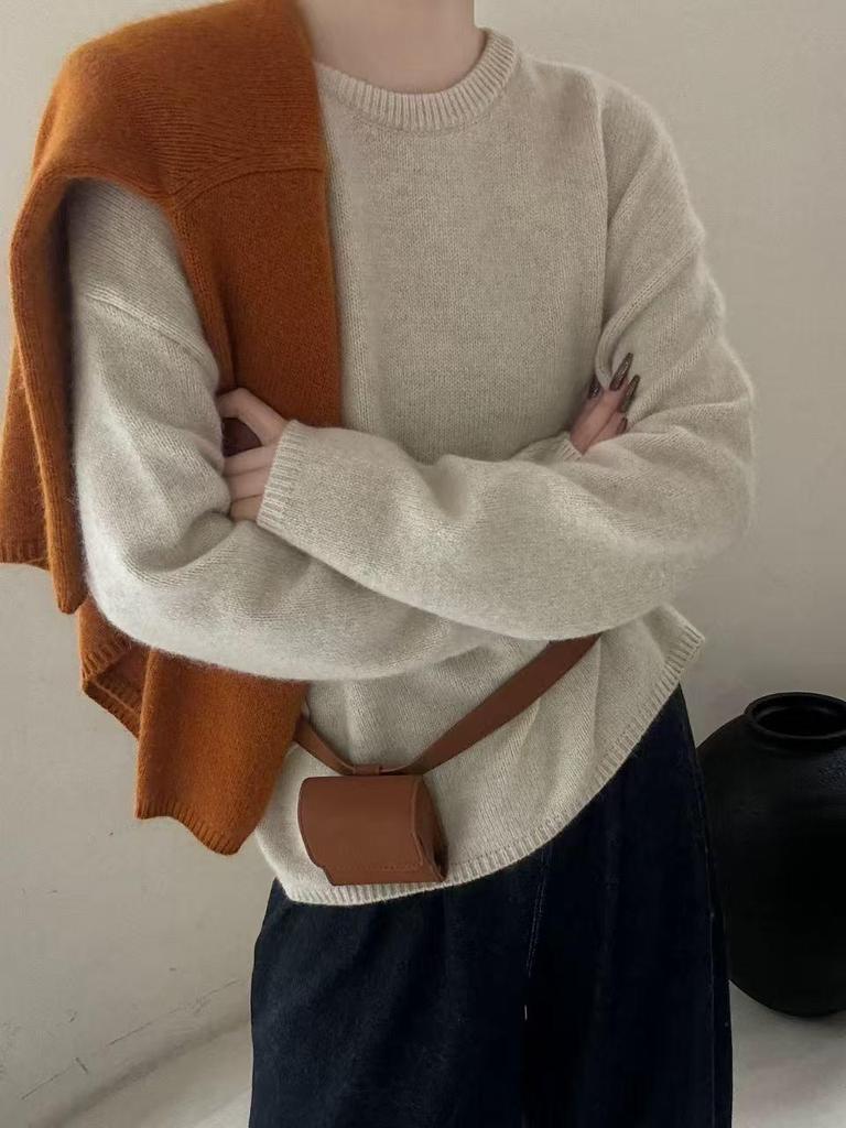 Women's Trendy 100% Pure Wool Loose Knit Sweater - Round Neck, Casual Base Layer