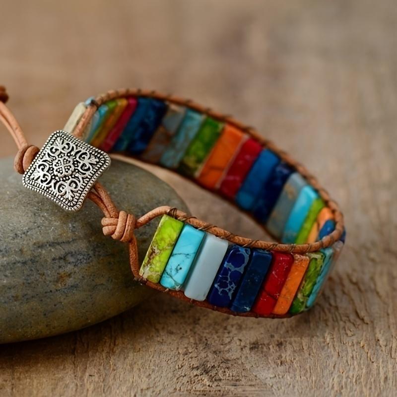 Pulsera trenzada de piedra de colores, pulsera de mano con cuerda ajustable, curación energética y relajación, joyería para la ansiedad, regalo, Estilo bohemio, 1 unidad