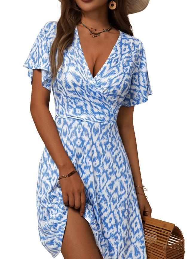 Summer Floral Short Sleeve Wrap V-Neck A Line Midi Dress