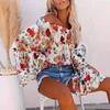 Women's Off The Shoulder Long Sleeve Top Slim Fit Vacation Floral Print Bell Sleeve Blouse