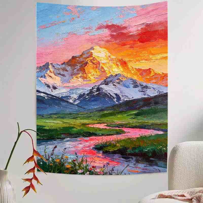 Farmhouse Tapestry Moonlight Landscape Wall Hanging Nature Scenery with River and Cottage for Bedroom Living Room Decor 100X70CM