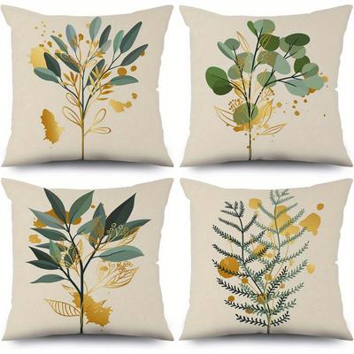 Home Decor Elegant Green & Gold Leaf Pattern Pillow Covers Pattern Cushion Cover Suitable for Sofa Bedroom Car Pillow Cover