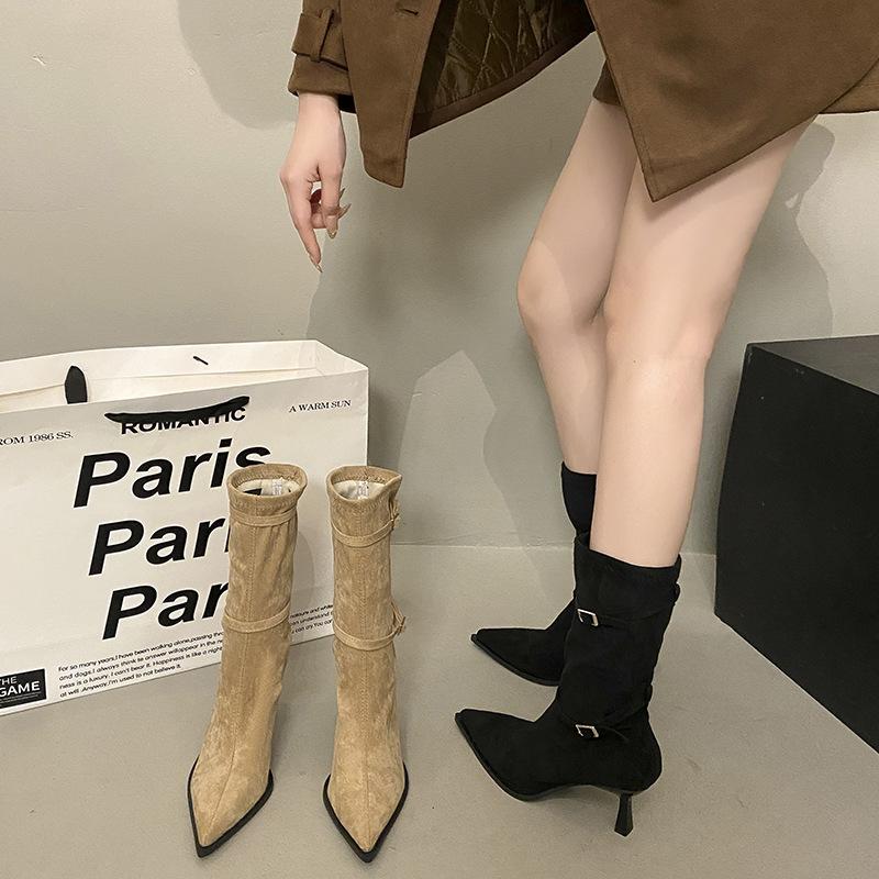 2025 Fashion Pointed Heel Suede French Skinny Boots Fashion Buckle Khaki Medium Tube Pleated Stacking Boots