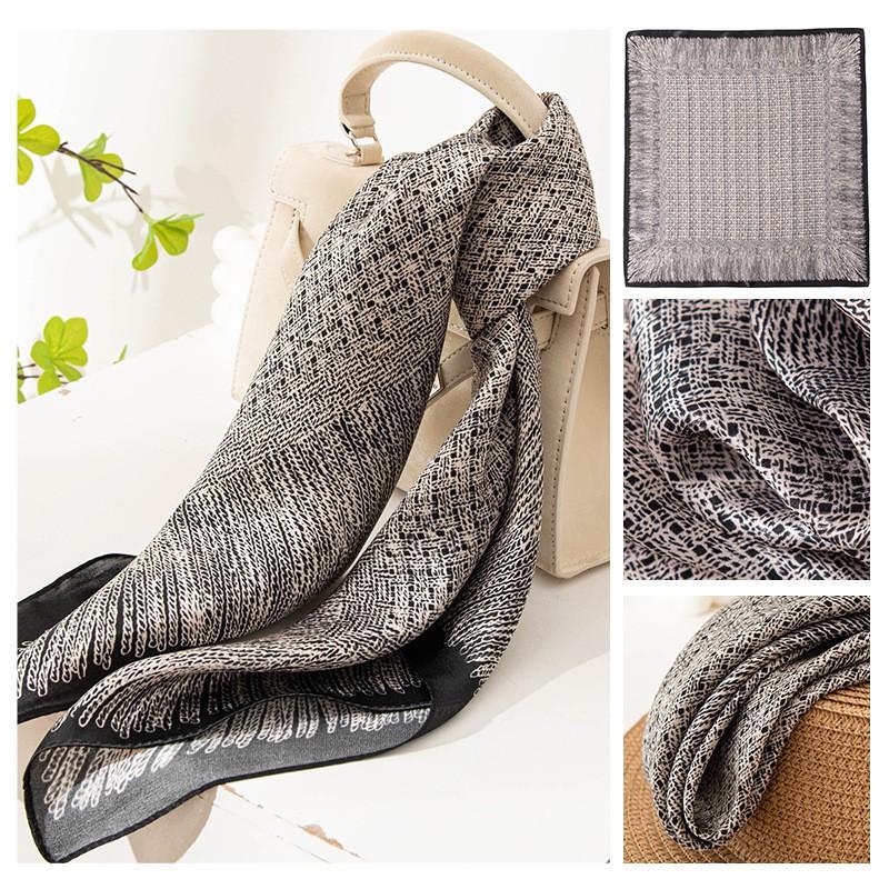Black Coffee Leaf Print Silk Scarf 65x65cm Elegant Womens Square
