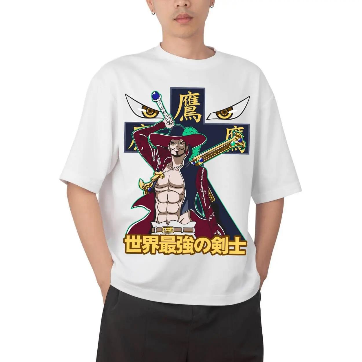 One Piece Dracule Mihawk World s Strongest Swordsman Anime White Oversized T-Shirt Streetwear Pop Rock Concert Fan Merch T-Shirt 4XL