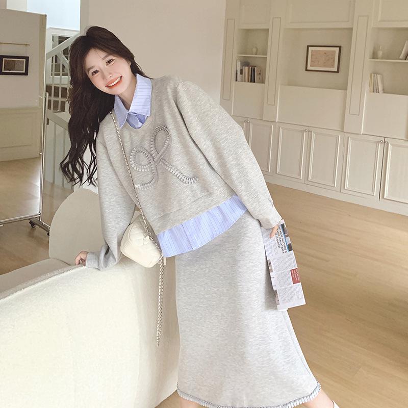 

Women s Gray Faux Two-Piece Hoodie & Skirt Set - College Style, Loose Casual, 2025 Spring Arrival Large