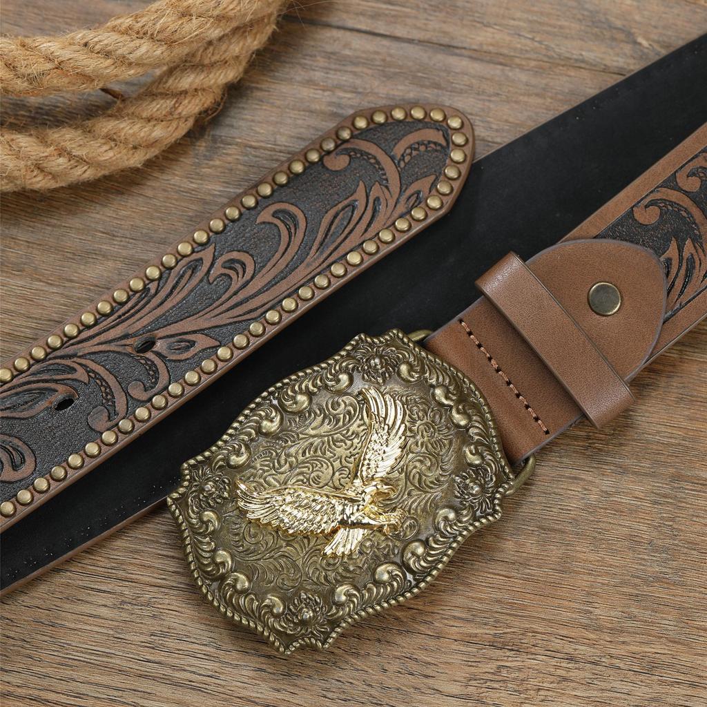 Vintage Western Denimbelte Ku hode Stor plate spenne Denim Gravert Etnisk stil Herre Punk PU lærbelte