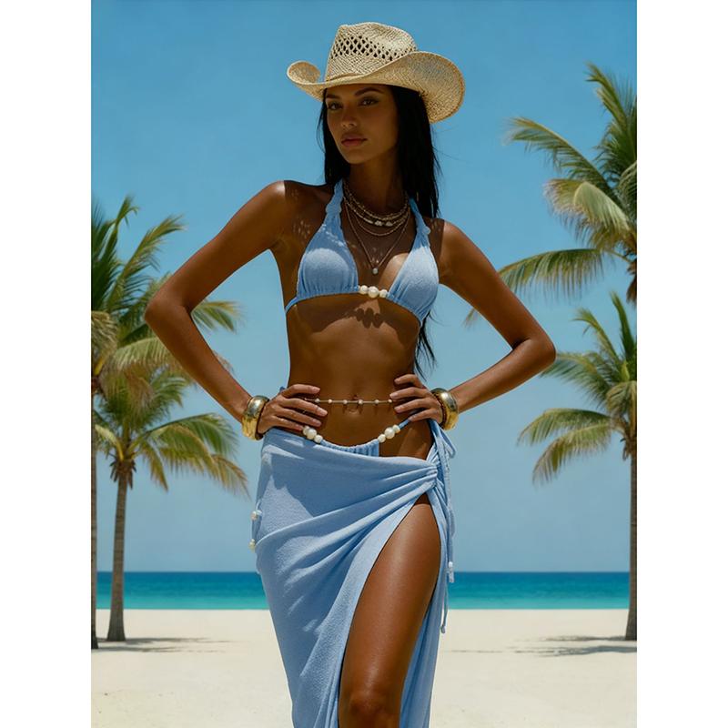 Summer 3 Piece Bikini Sets Elegant Pearl Waist Belt Swimwear with Maxi Beach Skirt Beachwear Long Sarong Bathing Suit