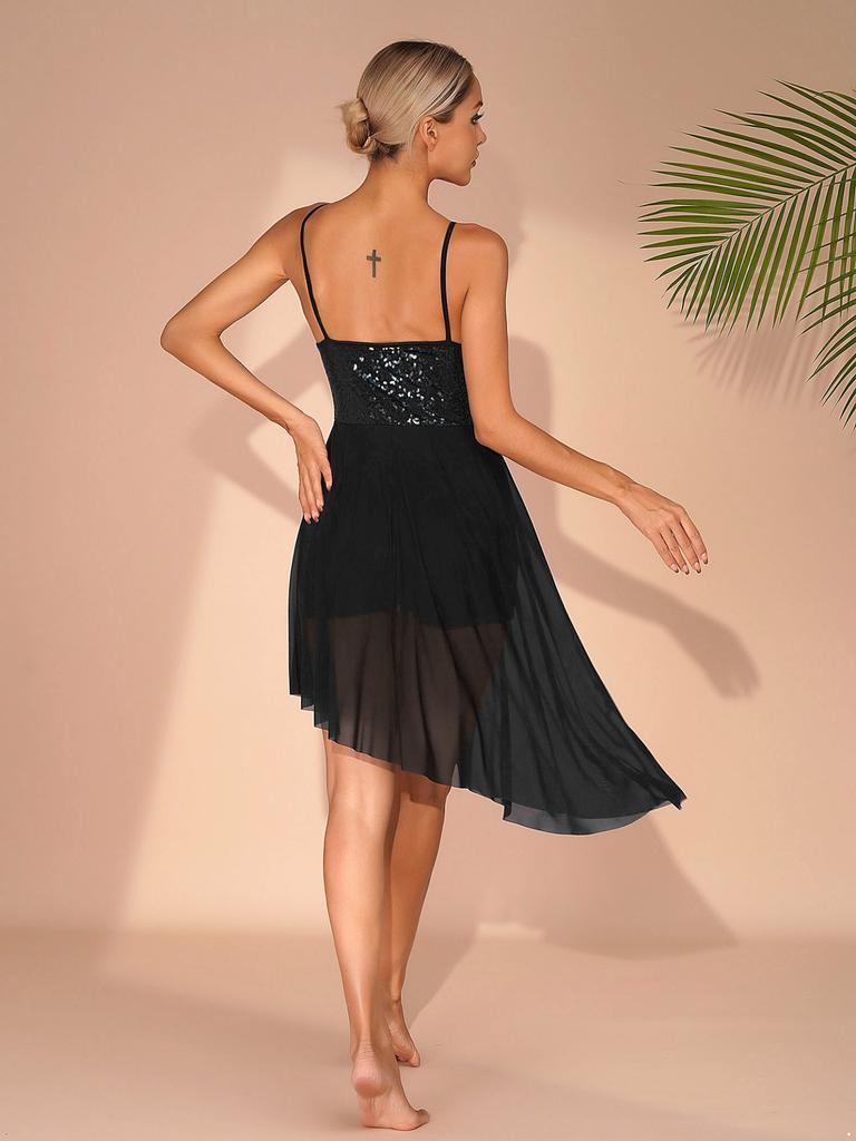 Women Lyrical Ballet Dance Dress Shiny Sequins Pleated Latin Gymnastics Leotard Tutu Performance Dancewear