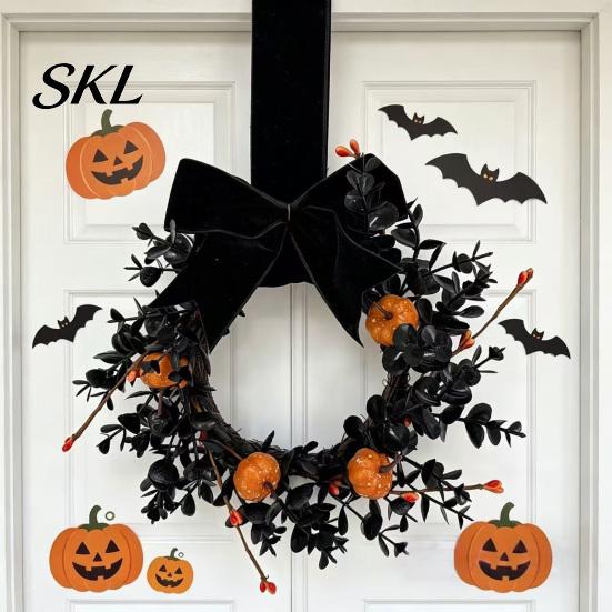 Black Branch Wreath Halloween for Front Door, 9 Inch Pumpkin with Spooky Velvet Bow Home Porch Holiday Party Window Wall Decor Shop
