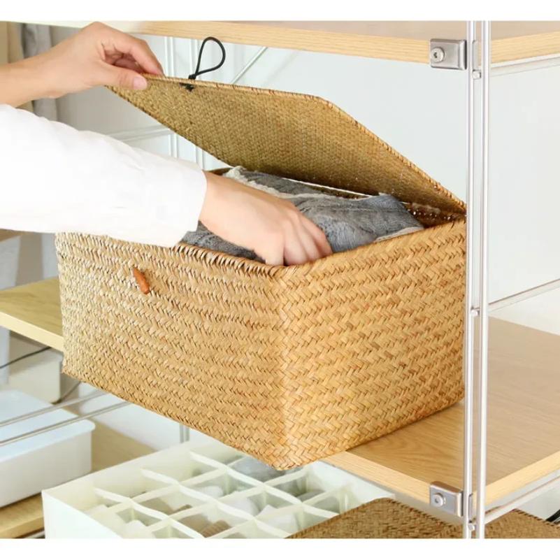 Handmade Seagrass Woven Storage Box Seaweed Storage Finishing Basket with Lid Sundry Bath Cosmetic Towel Container mx01161829
