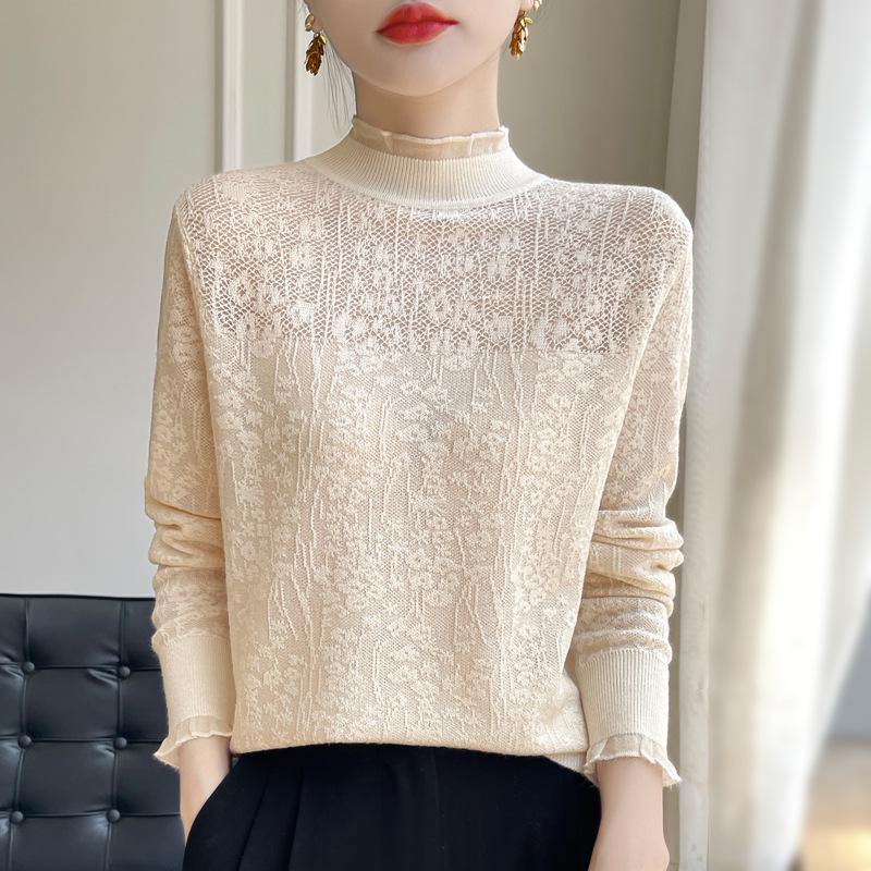 

2024 Women s Lace Knit Top: Stylish Plus Size Half-High Collar Sweater for Spring & Autumn M (85-105 jin) синій