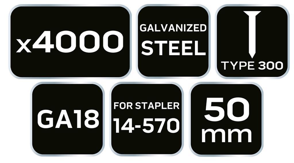 Galvanized Nails for Pneumatic Stapler (14-570), GA18, Type 300 (F), Length 50 Mm, 4000
