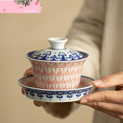 Chinese Ceramic Gaiwan Handmade Blue and White Porcelain Teacup Hand-painted Buddha Tea Bowl Beauty Tea Infuser Teaware