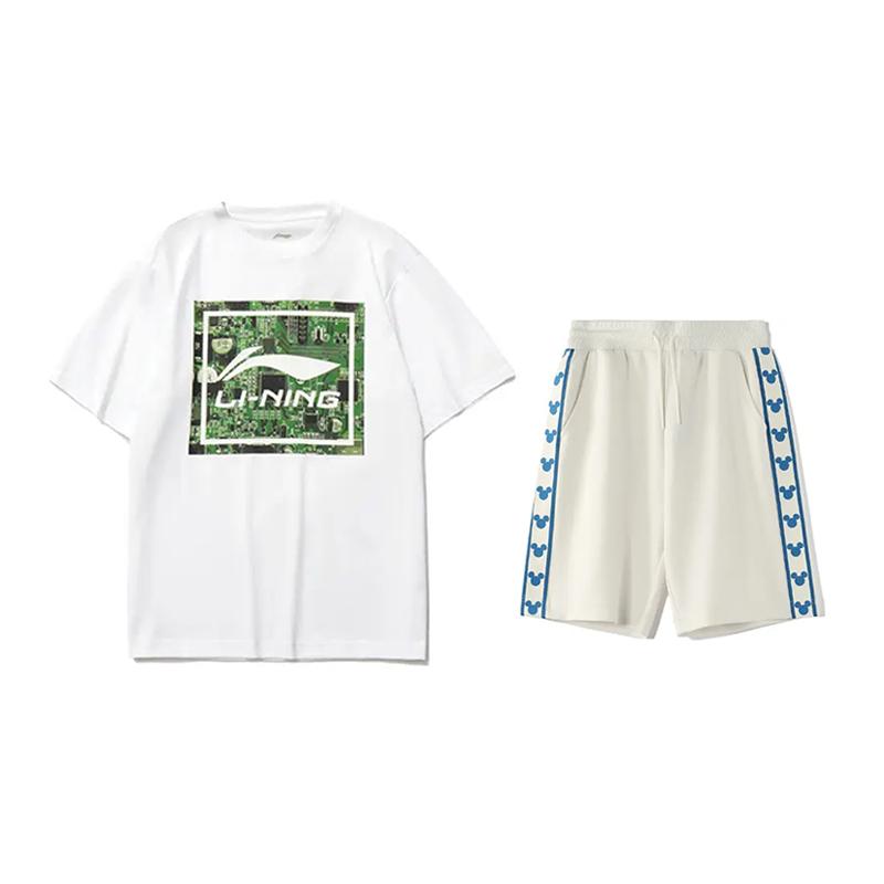 Li-Ning Fashion Logo Print Round Neck Short Sleeve T-Shirt Comfortable Versatile Skin-Friendly Shorts Casual Sports Suit AHSU999-1+YKSV129-1