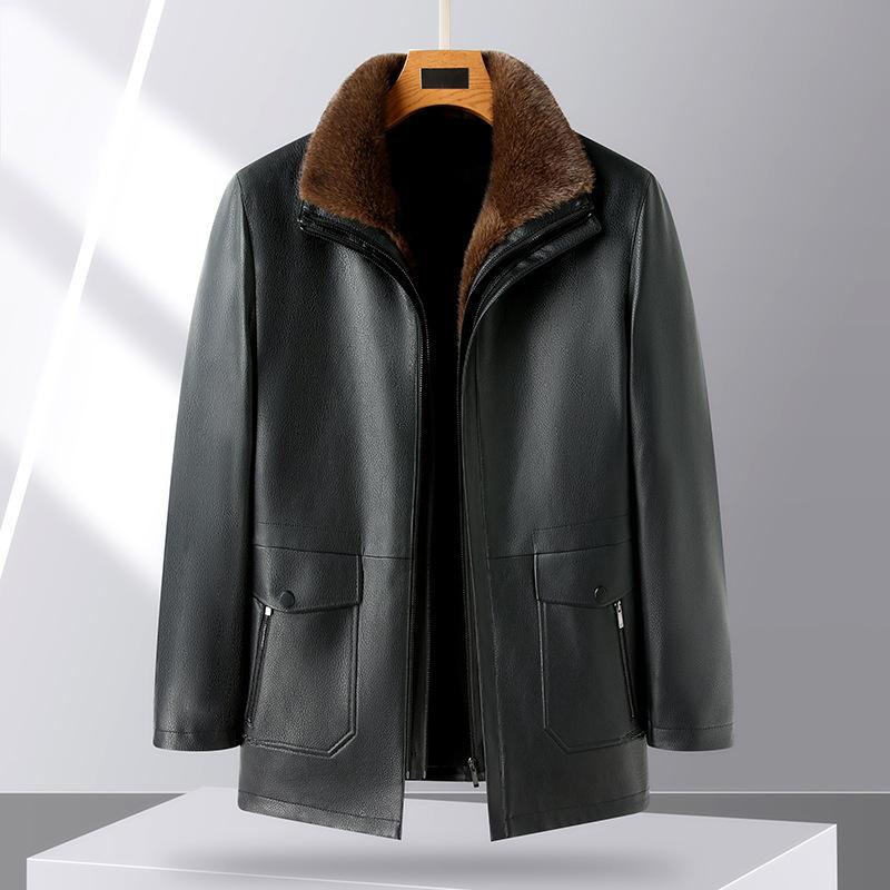 

Мужская кожаная куртка осень-зима для людей среднего и пожилого возраста, мужская съемная меховая подкладка, мужская кожаная куртка средней длины с меховым воротником 3XL