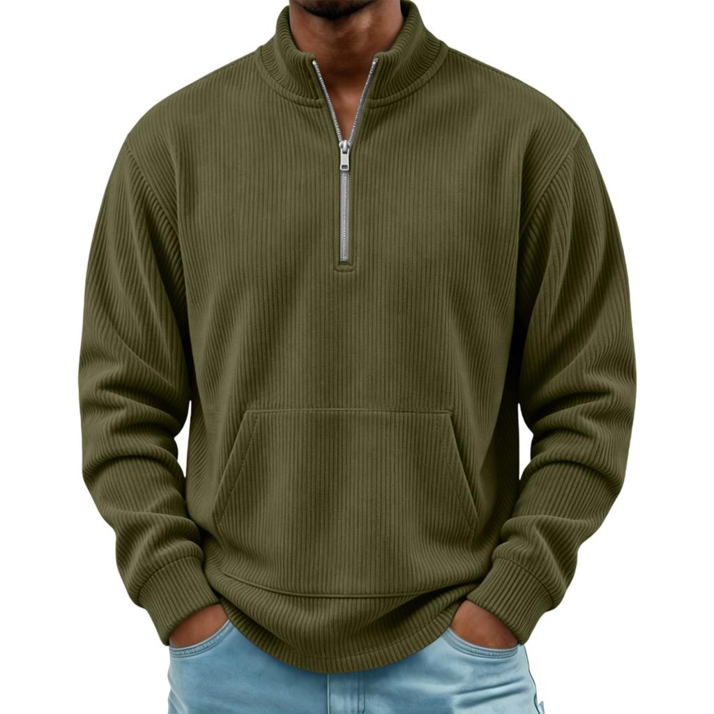 Men's Corduroy 1/4 Zip Pullover, Retro Long Sleeve Top with Stand Collar and Pocket