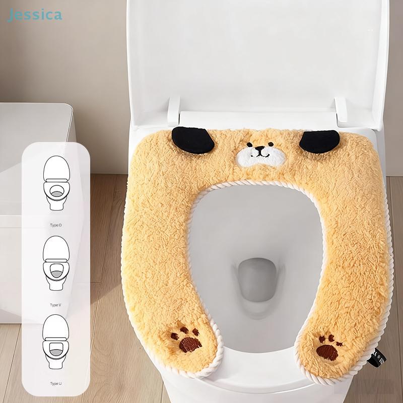 Korean-style Black Ear Dog Cartoon Plush Toilet Seat Cushion, Thickened Adhesive Universal Warm Toilet Cover