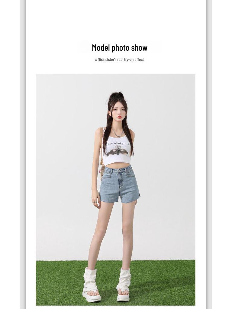 Women's High-Waist Elastic Denim Shorts - Summer Thin, Loose, Three-Quarter Length with Split Hem