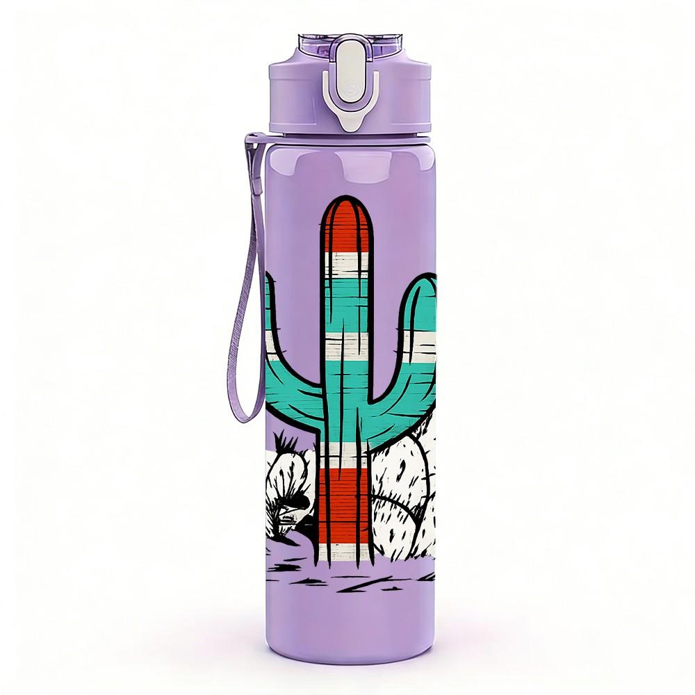 1PC Desert Cactus Scene Pattern 750ml Color Plastic Sports Water Bottle Leakproof Flip Straw Lid Suitable for Sports Office Home Use
