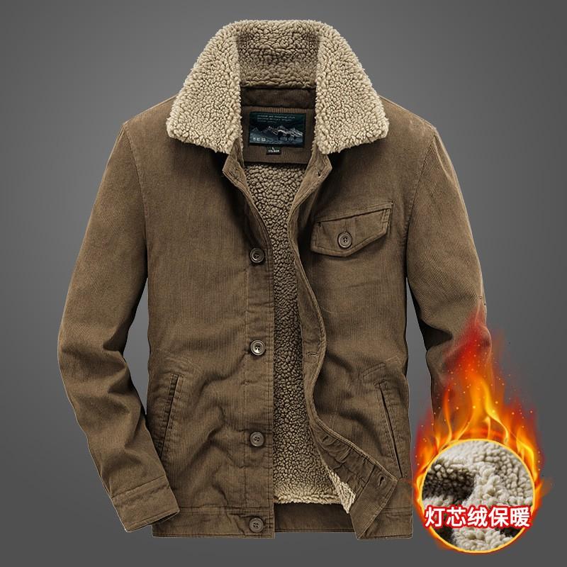 Mens Winter Fleece Corduroy Jacket Thick Workwear Multi-Pocket Lamb Lined Casual Loose Coat Middle-Aged
