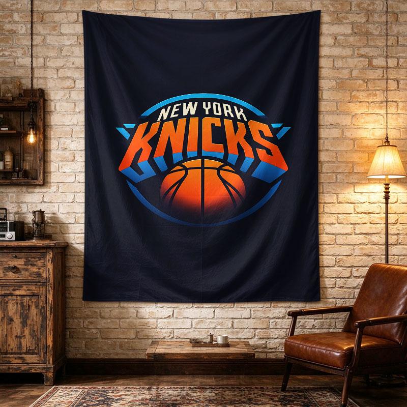 New York Knicks dark navy poster with orange and blue NEW YORK KNICKS wordmark arched over an orange basketball circle, Wall Hanging