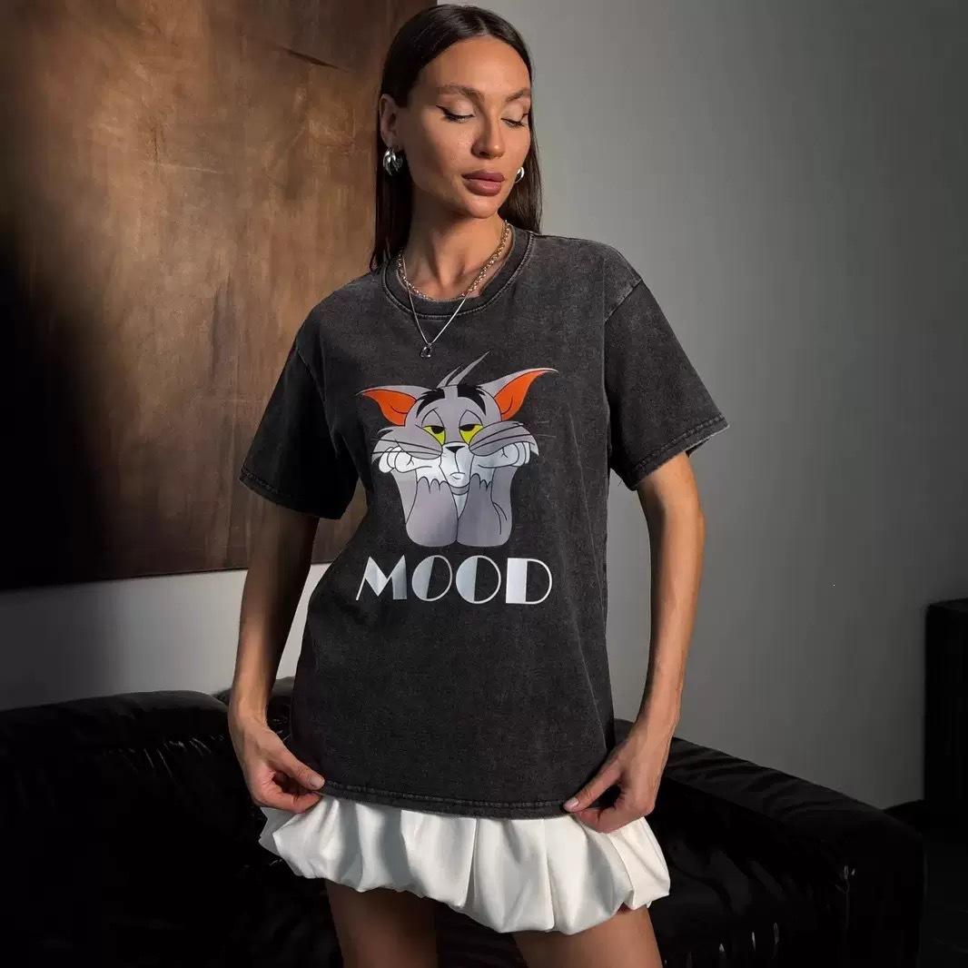 Age reduction and old casual versatile foreign style printing loose European and American popular retro fashion washed temperament T-shirt M