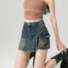 Women's Vintage Denim Skort High Waist A-Line Mini Skirt With Cargo Pockets Slim Casual Summer Skort